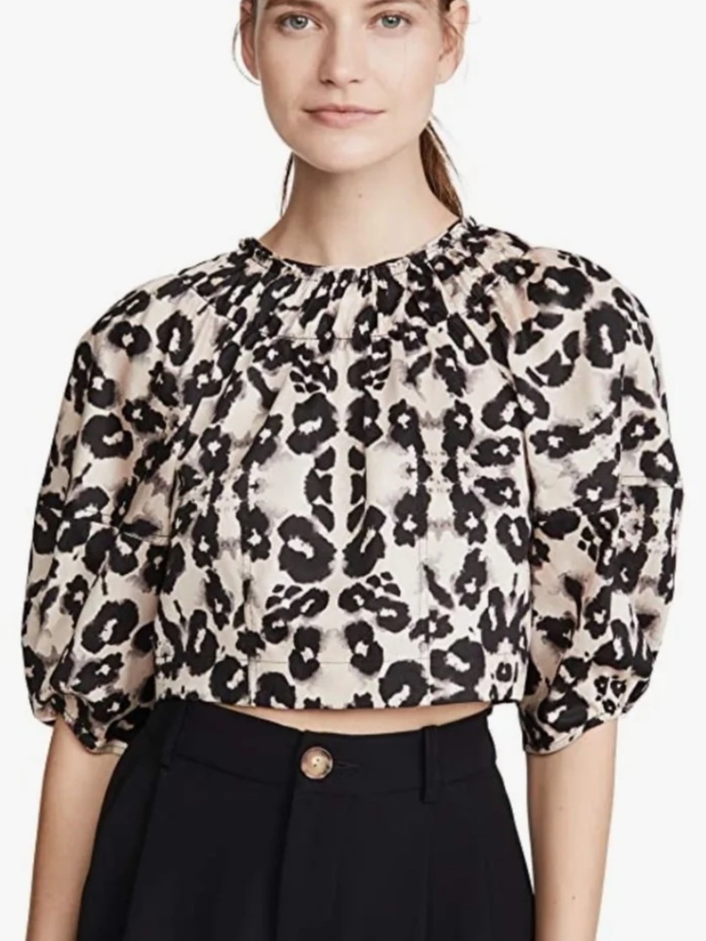 REBECCA TAYLOR Black & Cream Cropped Puff-Sleeve Animal Print Top